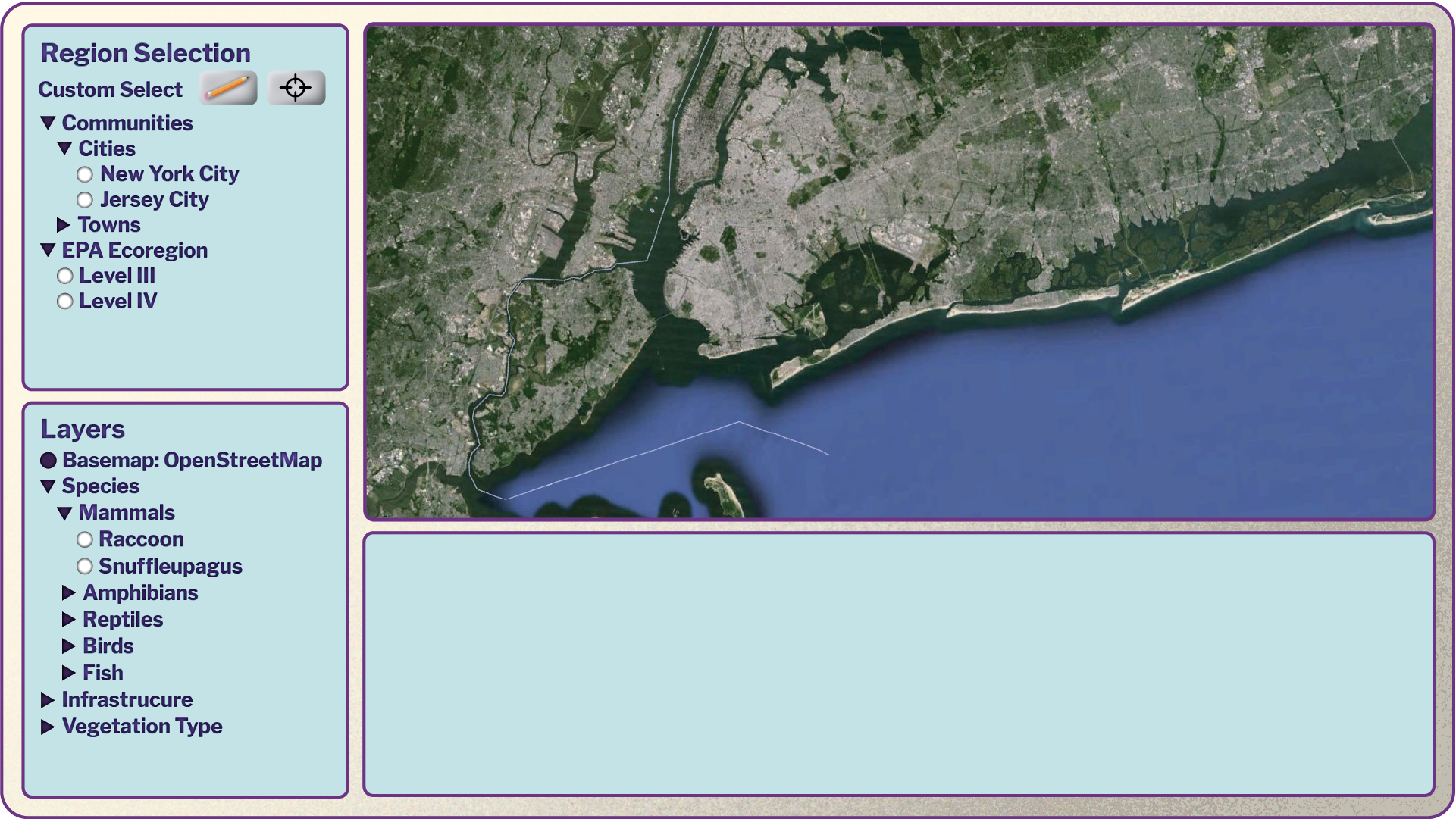 An illustration of a spatial exploration application. To the left is a series of menu selections which can be made to alter the information displayed on the map. In the center, a base map is shown. At the bottom, a panel for information to be displayed, currently empty.